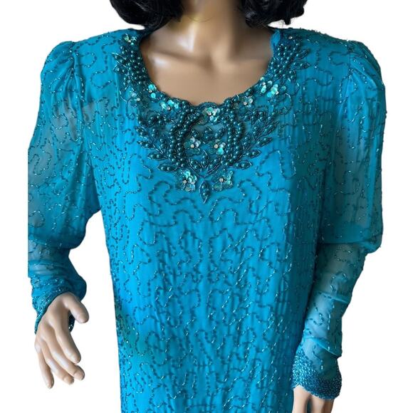 Y2K Mezza Luna by Modi Sequin & beaded Embellished blue Evening Dress size XL - Picture 3 of 14